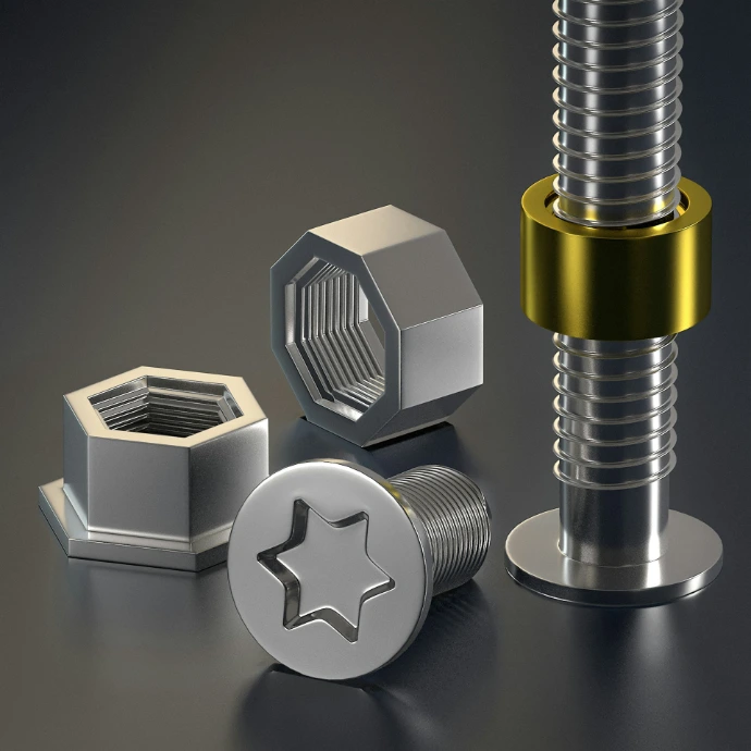 Assortment of metal nuts, a screw, and a threaded rod.